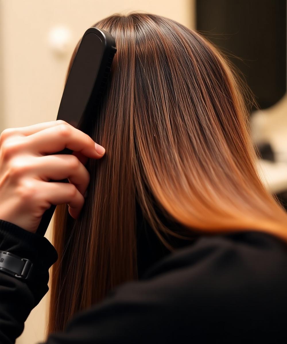 Stylist smoothing glossy straight hair during a consultation