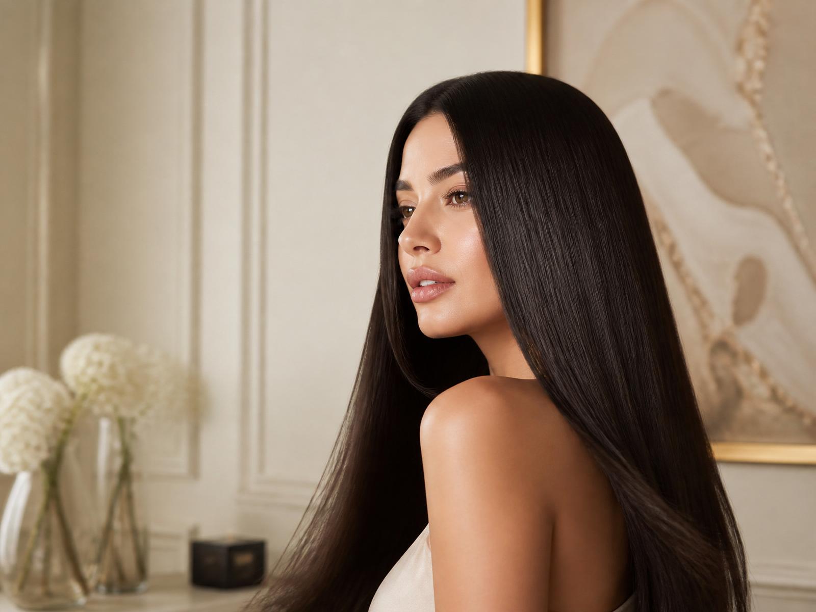 Woman with sleek, glossy, perfectly straight hair